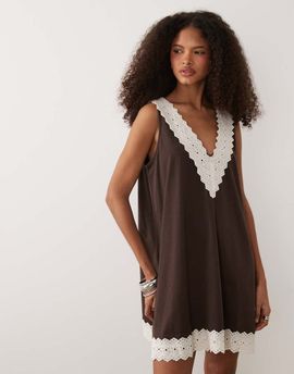 ASOS DESIGN ASOS DESIGN a-line mini dress in brown with lace trim in white