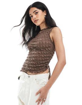 ASOS DESIGN ASOS DESIGN acid wash textured drawstring side slash neck top in brown
