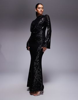 ASOS DESIGN ASOS DESIGN all-over sequin long sleeve wrap front detail maxi dress in black-Gray