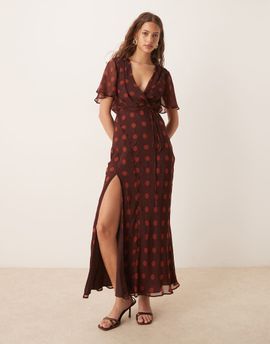 ASOS DESIGN ASOS DESIGN angel sleeve wrap front maxi dress with seaming details in cherry polka dot print-Multi