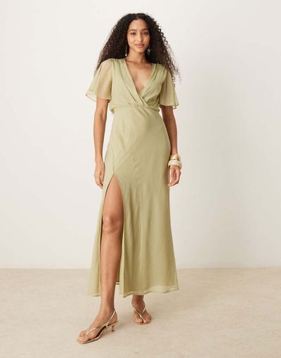 ASOS DESIGN ASOS DESIGN angel sleeve wrap front midi dress with seam details in khaki-Green