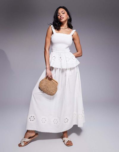 ASOS DESIGN ASOS DESIGN Angie cotton poplin broderie beach maxi skirt in cream-White