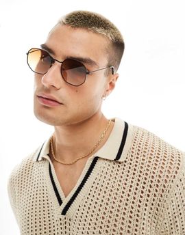 ASOS DESIGN ASOS DESIGN angled round metal sunglasses with smoke gradient lens in gold-Black