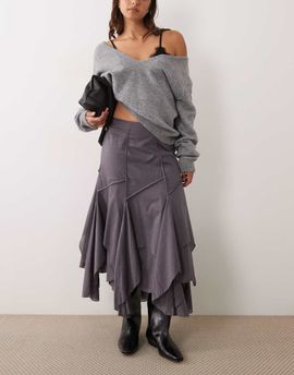 ASOS DESIGN ASOS DESIGN asymmetric and seam detail midi skirt in charcoal-WHITE