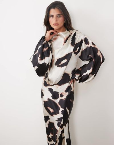 ASOS DESIGN ASOS DESIGN asymmetric blouson sleeve satin maxi dress in mono animal print-Multi