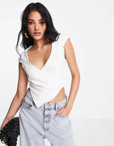 ASOS DESIGN ASOS DESIGN asymmetric cap sleeve top with button detail in white