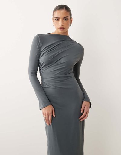 ASOS DESIGN ASOS DESIGN asymmetric drape slash neck maxi dress in slate gray