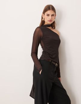 ASOS DESIGN ASOS DESIGN asymmetric mesh top with scarf detail in brown