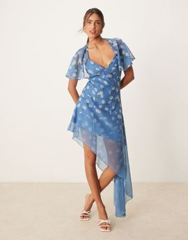 ASOS DESIGN ASOS DESIGN asymmetric mini tea dress with flutter cape sleeve in blue ombre daisy print-Multi