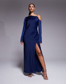 ASOS DESIGN ASOS DESIGN asymmetric neckline tie back midi dress in blue-Navy