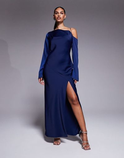 ASOS DESIGN ASOS DESIGN asymmetric neckline tie back midi dress in blue-Navy