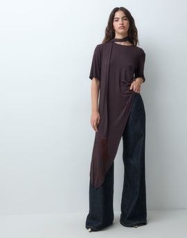 ASOS DESIGN ASOS DESIGN asymmetric top with fringe scarf in chocolate-Brown