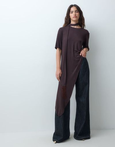 ASOS DESIGN ASOS DESIGN asymmetric top with fringe scarf in chocolate-Brown