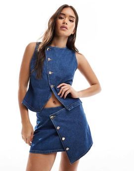 ASOS DESIGN ASOS DESIGN asymmetric wrap front denim micro mini skirt with gold buttons in mid blue - part of a set