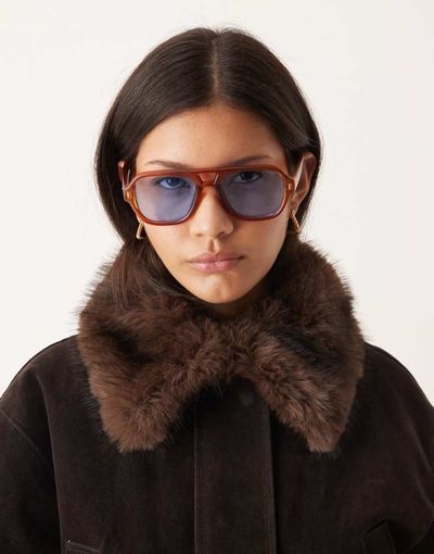 ASOS DESIGN ASOS DESIGN aviator light tint sunglasses in tort with blue lenses-Brown