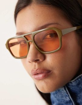 ASOS DESIGN ASOS DESIGN aviator sunglasses in olive green with orange lenses