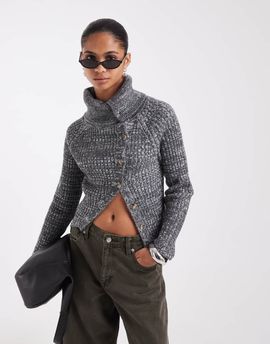 ASOS DESIGN ASOS DESIGN aysm foldover funnel neck cardigan in gray heather