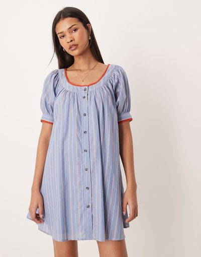 ASOS DESIGN ASOS DESIGN babydoll button down mini dress in blue and red stripes-Multi