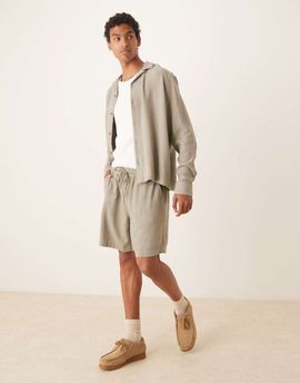 ASOS DESIGN ASOS DESIGN baggy fit pull on linen rich shorts in khaki - part of a set-Green