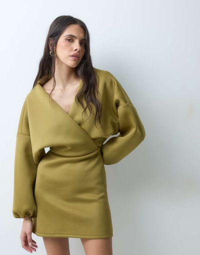 ASOS DESIGN ASOS DESIGN balloon sleeve mini dress in olive scuba-style fabric-Green