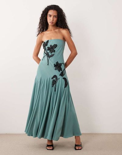 ASOS DESIGN ASOS DESIGN bandeau full hem floral placement embellished midaxi dress in blue