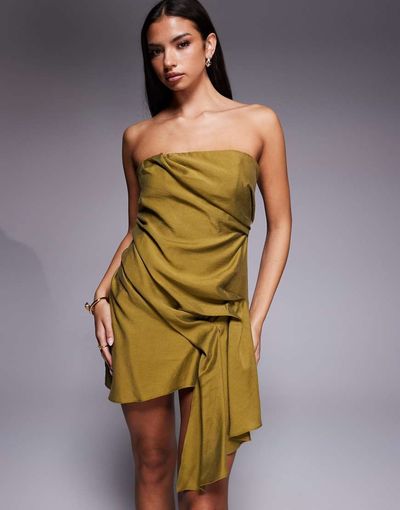 ASOS DESIGN ASOS DESIGN bandeau mini dress with side pleat details in green