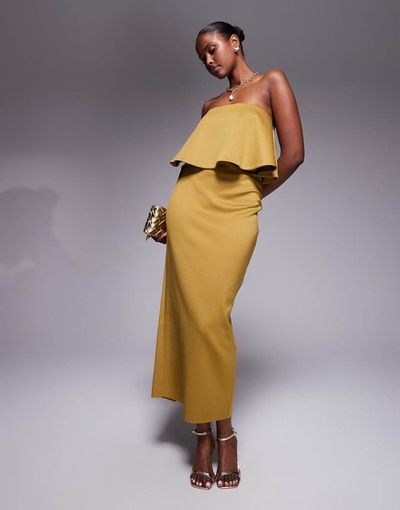 ASOS DESIGN ASOS DESIGN bandeau peplum midi dress in bronze in scuba-style fabric-Brown