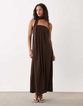 ASOS DESIGN ASOS DESIGN bandeau pleated trapeze midi dress with scarf detail in brown