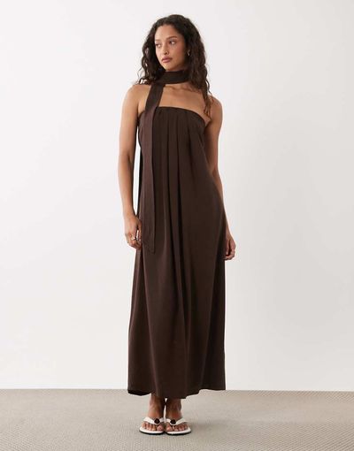 ASOS DESIGN ASOS DESIGN bandeau pleated trapeze midi dress with scarf detail in brown