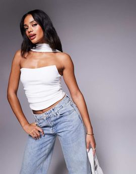 ASOS DESIGN ASOS DESIGN bandeau top with scarf neck detail in ivory-White