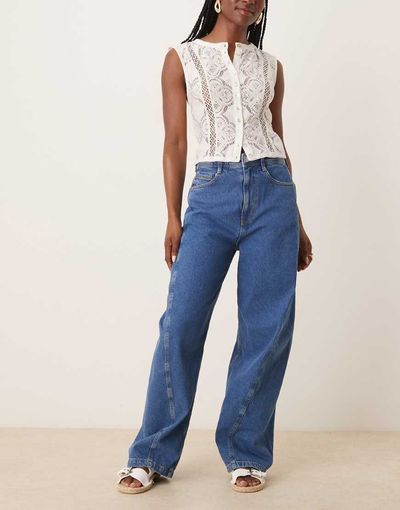 ASOS DESIGN ASOS DESIGN barrel leg jeans with seam detail in mid blue