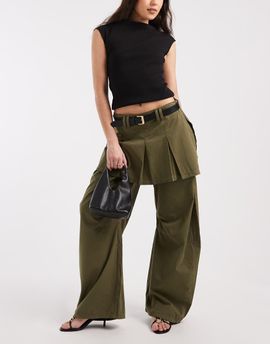 ASOS DESIGN ASOS DESIGN barrel leg pants with pleated skirt overlay in dark green