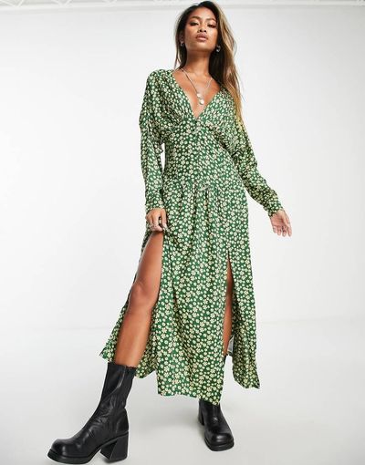 ASOS DESIGN ASOS DESIGN batwing button through casual midi teadress in green daisy floral-Multi