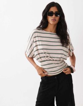 ASOS DESIGN ASOS DESIGN batwing sleeve cinched waist top in pink and green stripes-Multi