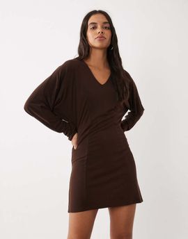 ASOS DESIGN ASOS DESIGN batwing sleeve v-neck mini dress in brown