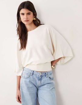 ASOS DESIGN ASOS DESIGN batwing sleeve waisted top in cream-White