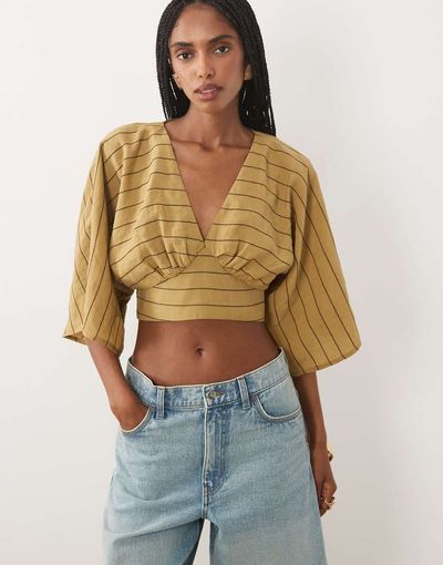 ASOS DESIGN ASOS DESIGN batwing wrap detail top in olive stripes-Multi