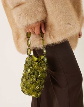 ASOS DESIGN ASOS DESIGN beaded bucket clutch purse in olive-Green