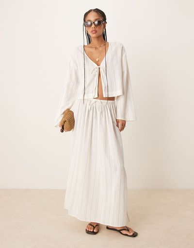 ASOS DESIGN ASOS DESIGN Belle linen blend beach skirt in mono stripe-White