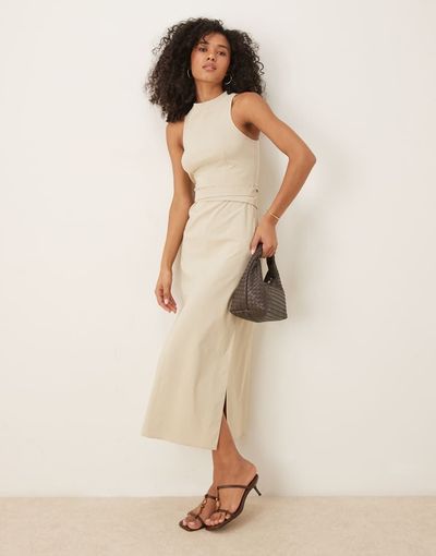 ASOS DESIGN ASOS DESIGN bengaline pencil midi dress with wrap around button belt in stone-Neutral