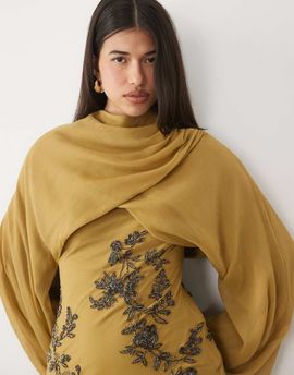 ASOS DESIGN ASOS DESIGN bias cut embellished maxi dress with blouson full sleeves in olive green-MULTI