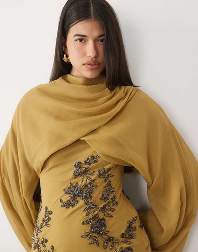 ASOS DESIGN ASOS DESIGN bias cut embellished maxi dress with blouson full sleeves in olive green-MULTI