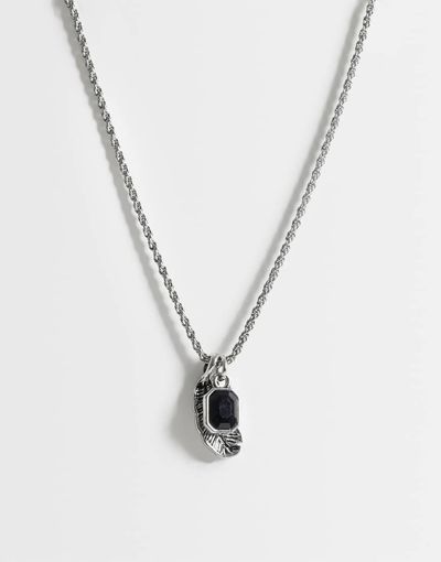 ASOS DESIGN ASOS DESIGN black stone and feather pendant necklace in silver