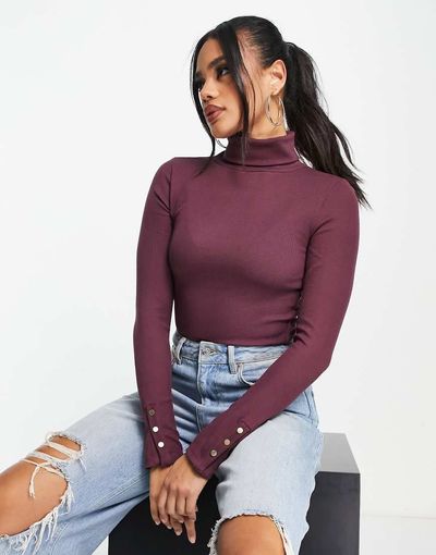 ASOS DESIGN ASOS DESIGN blend roll neck top with button cuff in aubergine-Purple