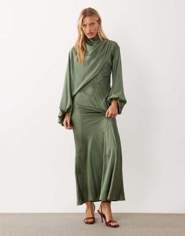 ASOS DESIGN ASOS DESIGN blouson sleeve asymmetric satin maxi dress in olive green