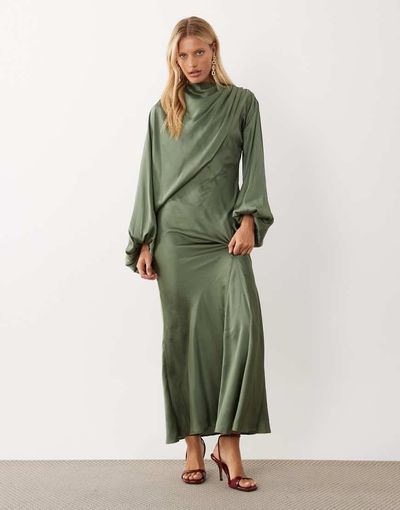 ASOS DESIGN ASOS DESIGN blouson sleeve asymmetric satin maxi dress in olive green
