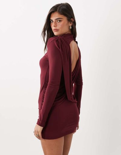 ASOS DESIGN ASOS DESIGN bodycon shoulder mini slinky dress with draped back detail in burgundy-Red