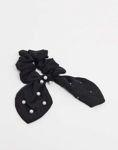 ASOS DESIGN ASOS DESIGN bow scrunchie in pearl embellished black velvet