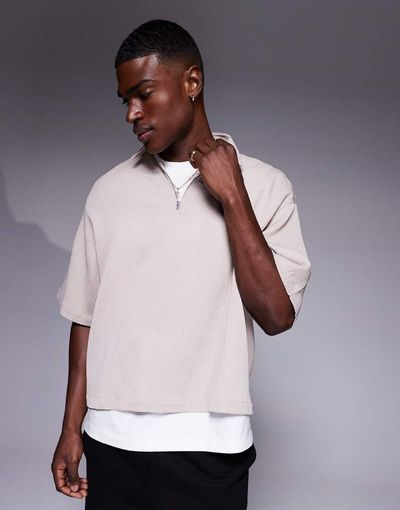 ASOS DESIGN ASOS DESIGN boxy overhead plisse regular shirt in mushroom-Neutral