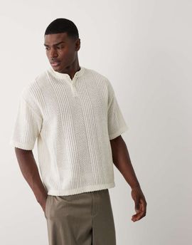 ASOS DESIGN ASOS DESIGN boxy oversized Henley T-shirt in cream textured fabric-White